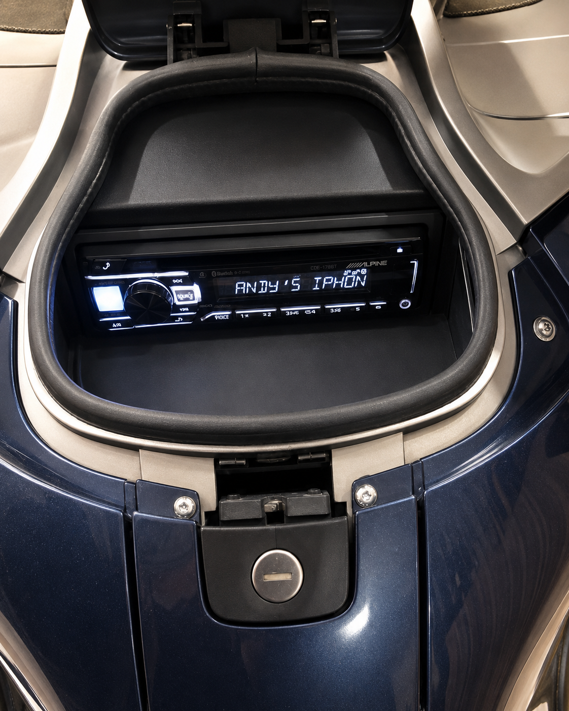 Alpine radio installed in the BMW K1200LT radio compartment